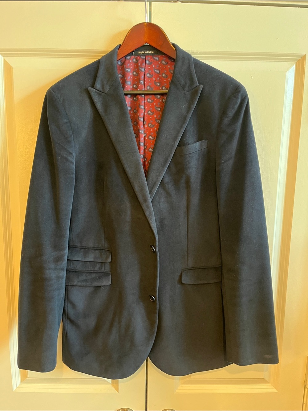 Men's Navy Velvet Two-Button Blazer with Patterned Lining